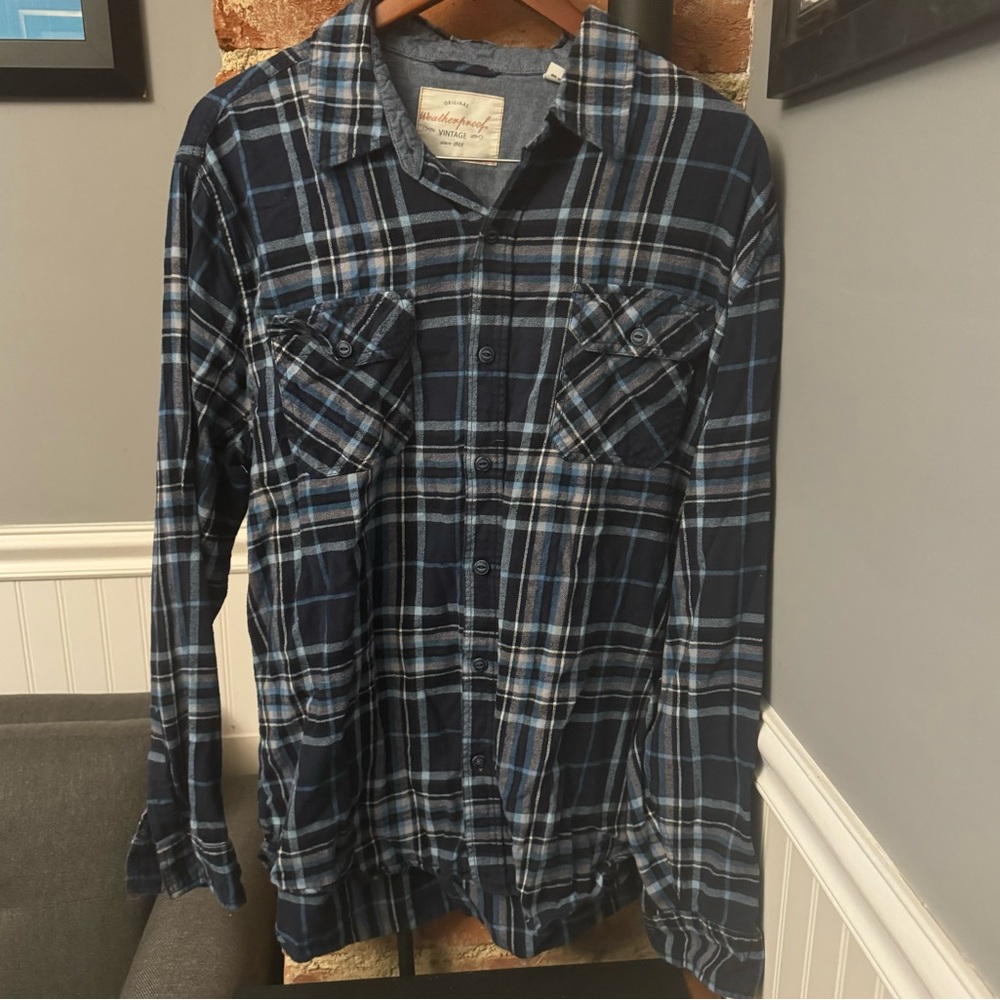 Original Weatherproof Vintage Blue Flannel Shirt Men's Plaid Button Down Size XL